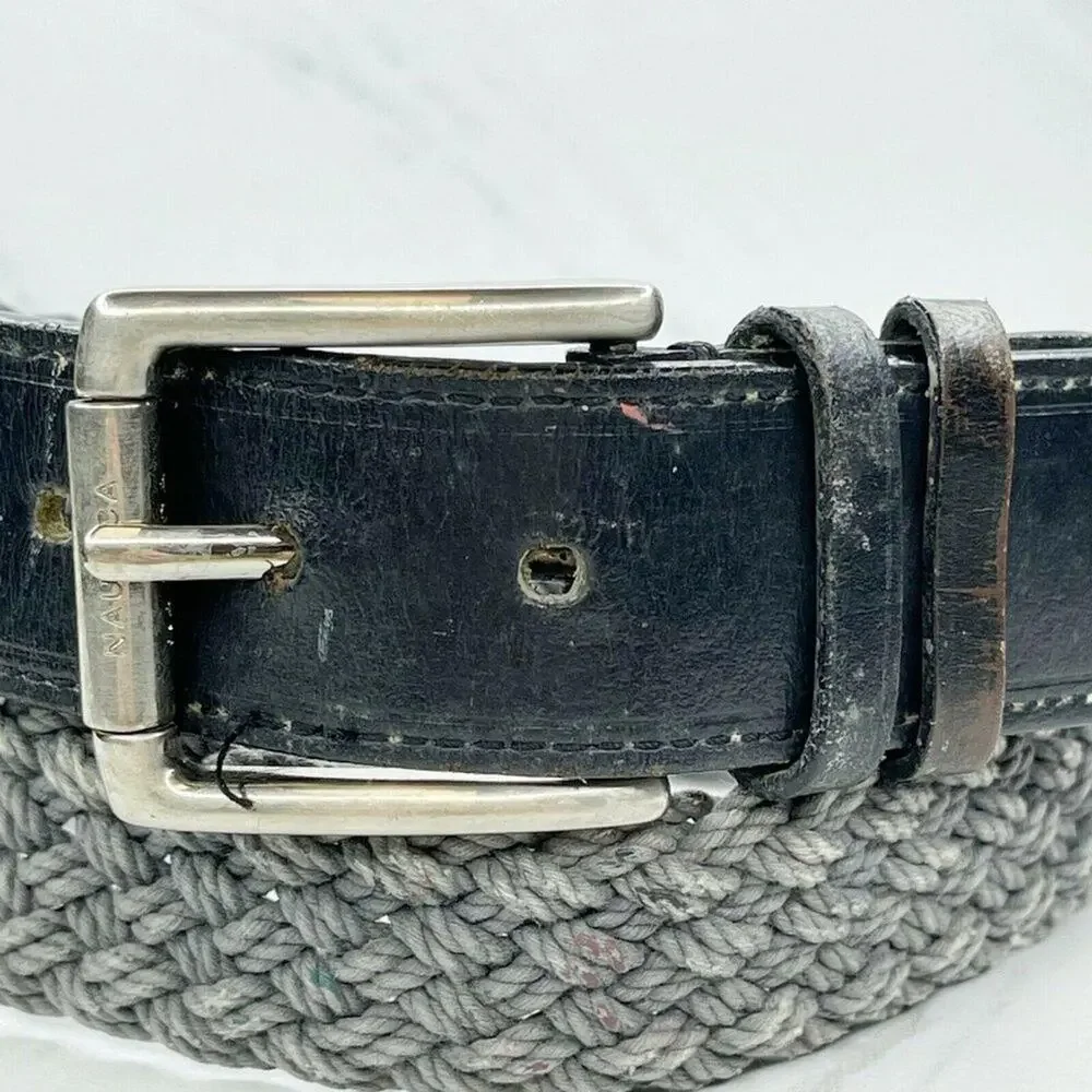 Nautica Distressed Blue Braided Woven Genuine Leather Trim Belt Size 32 Mens